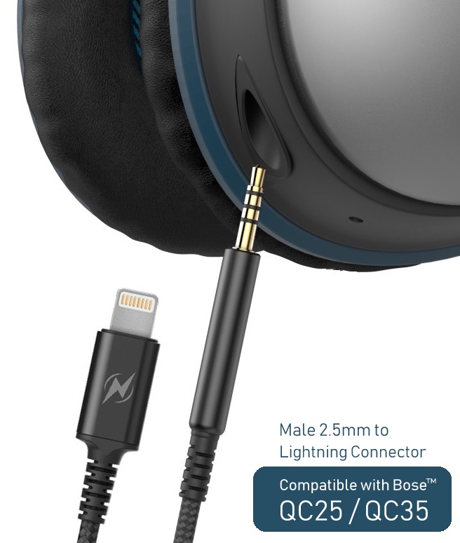 Thore MFi Lightning to 2.5mm Audio with for Bose - Black - Encased