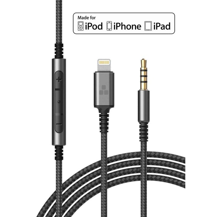 Thore MFi Lightning to 3.5mm  Audio Cable with Remote/Mic - Black (for Beats, Sony, Audio Technica, Sennheiser)