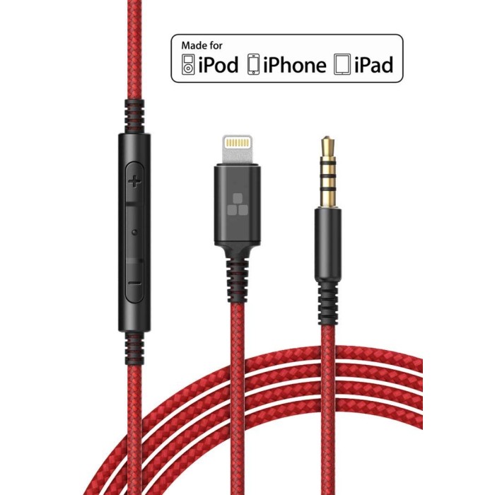 Thore MFi Lightning to 3.5mm  Audio Cable with Remote/Mic - Red (for Beats, Sony, Audio Technica, Sennheiser)