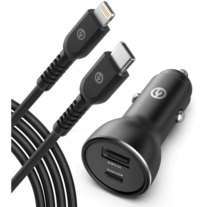 Galvanox 30W Dual USB A+C Car Charger with 3 ft MFi Lightning to USB C Cable (Black)