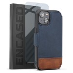 iPhone 14 Plus Leather Folio Wallet Case in Blue/Brown with Screen Protector