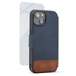 iPhone 14 Leather Folio Wallet Case in Blue and Brown with Screen Protector