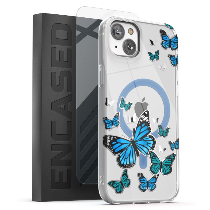 iPhone 14 Lexion Case in Silver Blue Butterfly with Screen Protector - MagSafe Compatible