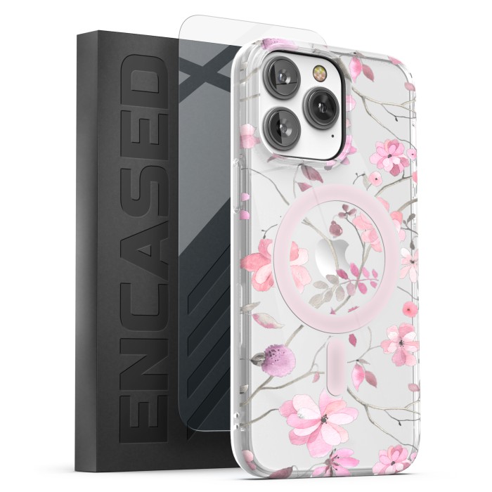 iPhone 14 Pro Lexion Case in Pink Flowers with Screen Protector - MagSafe Compatible
