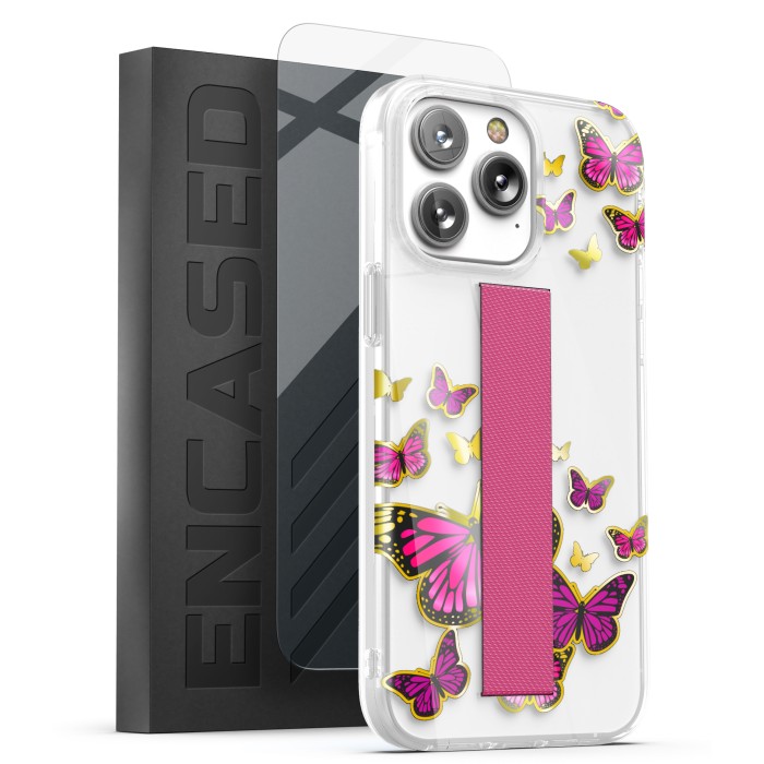 iPhone 14 Pro Max Loop Case in Golden Pink Butterfly with Screen Protector