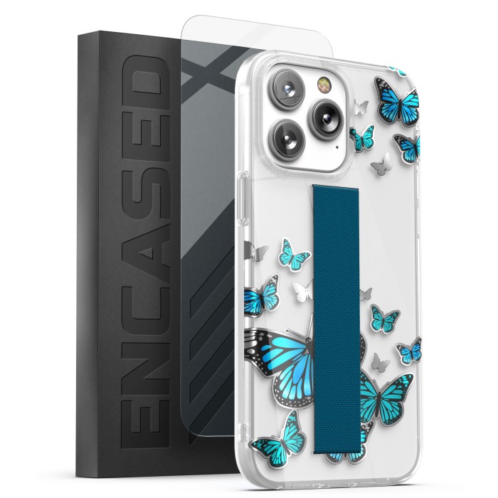iPhone 14 Pro Max Loop Case in Silver Blue Butterfly with Screen Protector