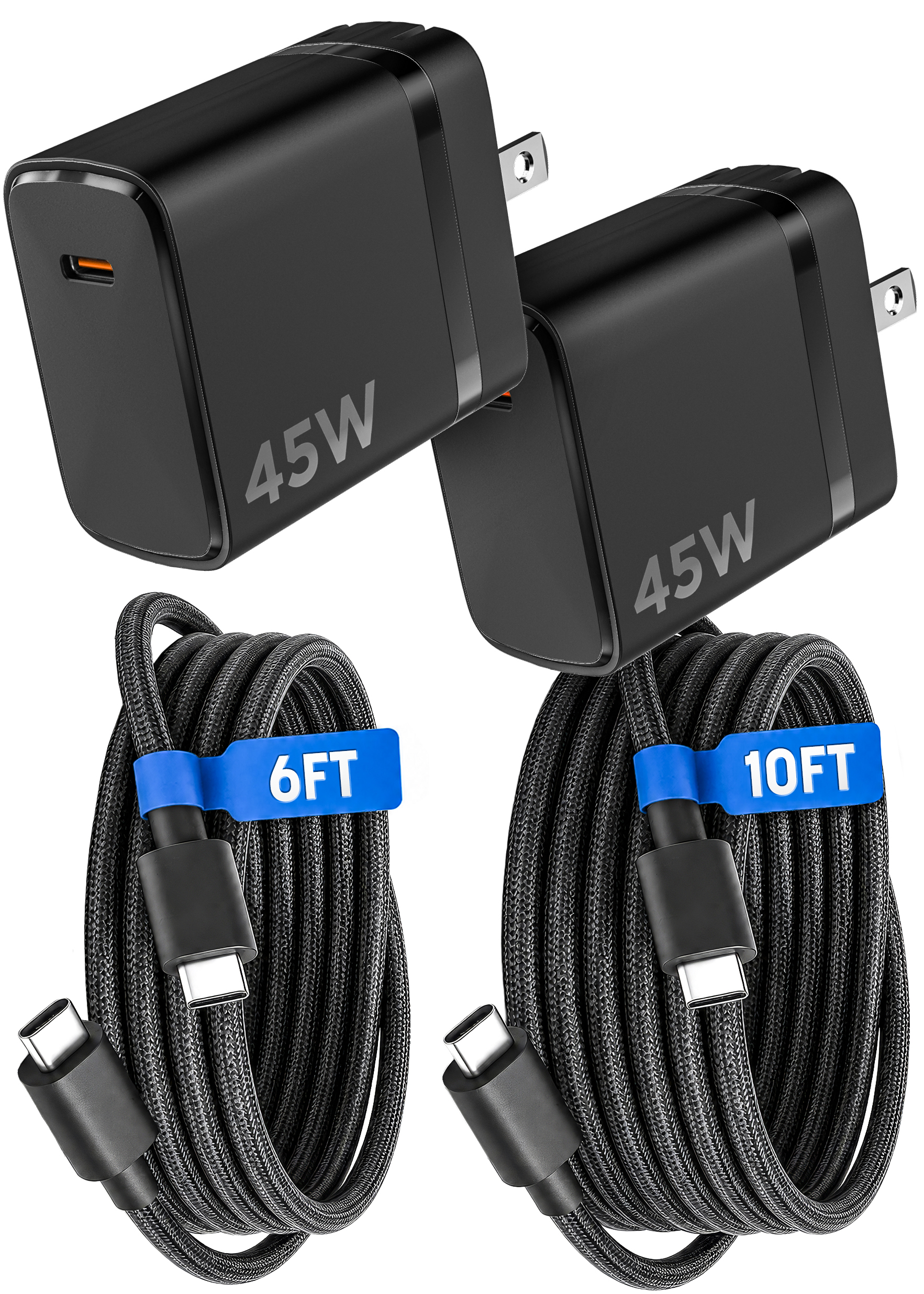 2-Pack 45W Super Fast Braided 6FT and 10FT USB-C Charger